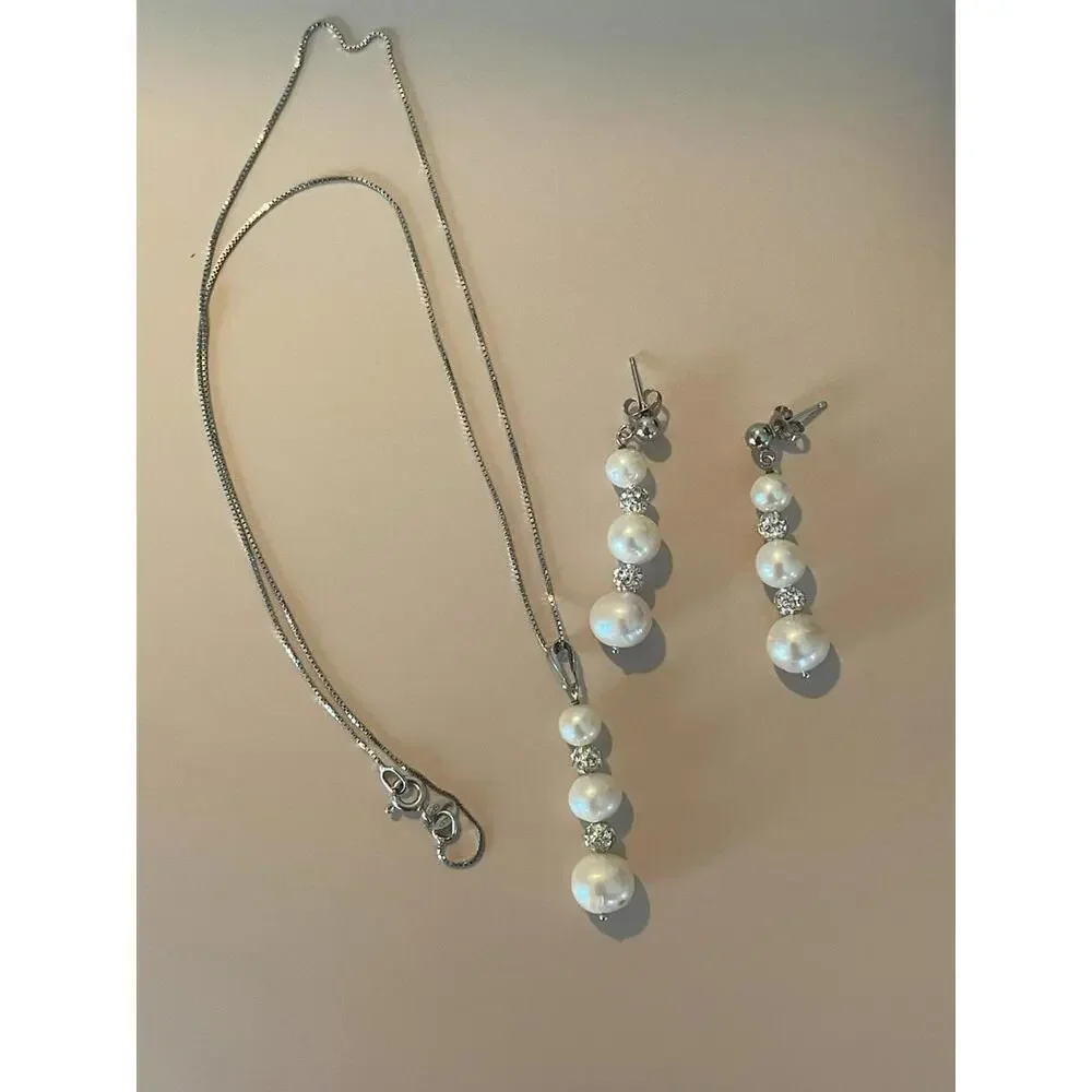 Macy’s Freshwater Pearl Sterling Silver 925 Necklace Set with Cubic Zirconia